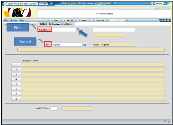 Screen used to select the data the report will contain and how the report will be displayed.