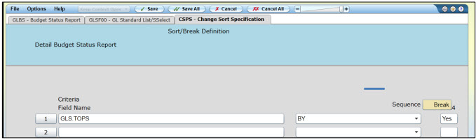 Change Sort Specification Screen