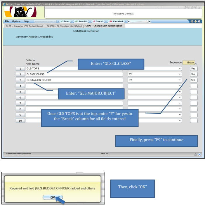 Screen displaying additional sort criteria