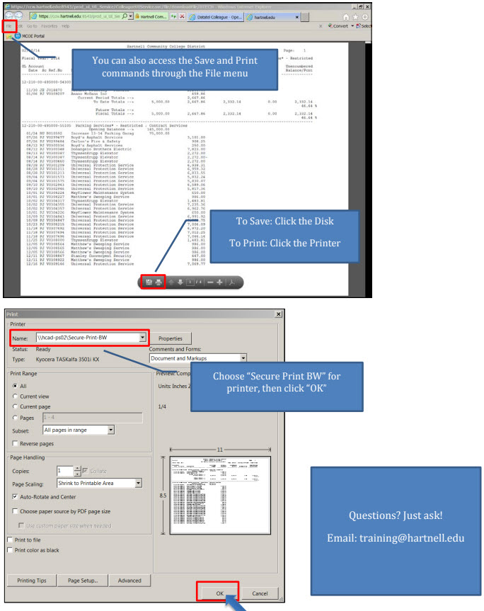 Displaying the instructions to print and save pdf