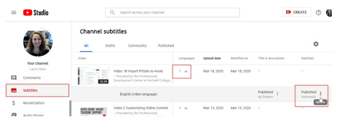 screenshot of YouTube dashboard
