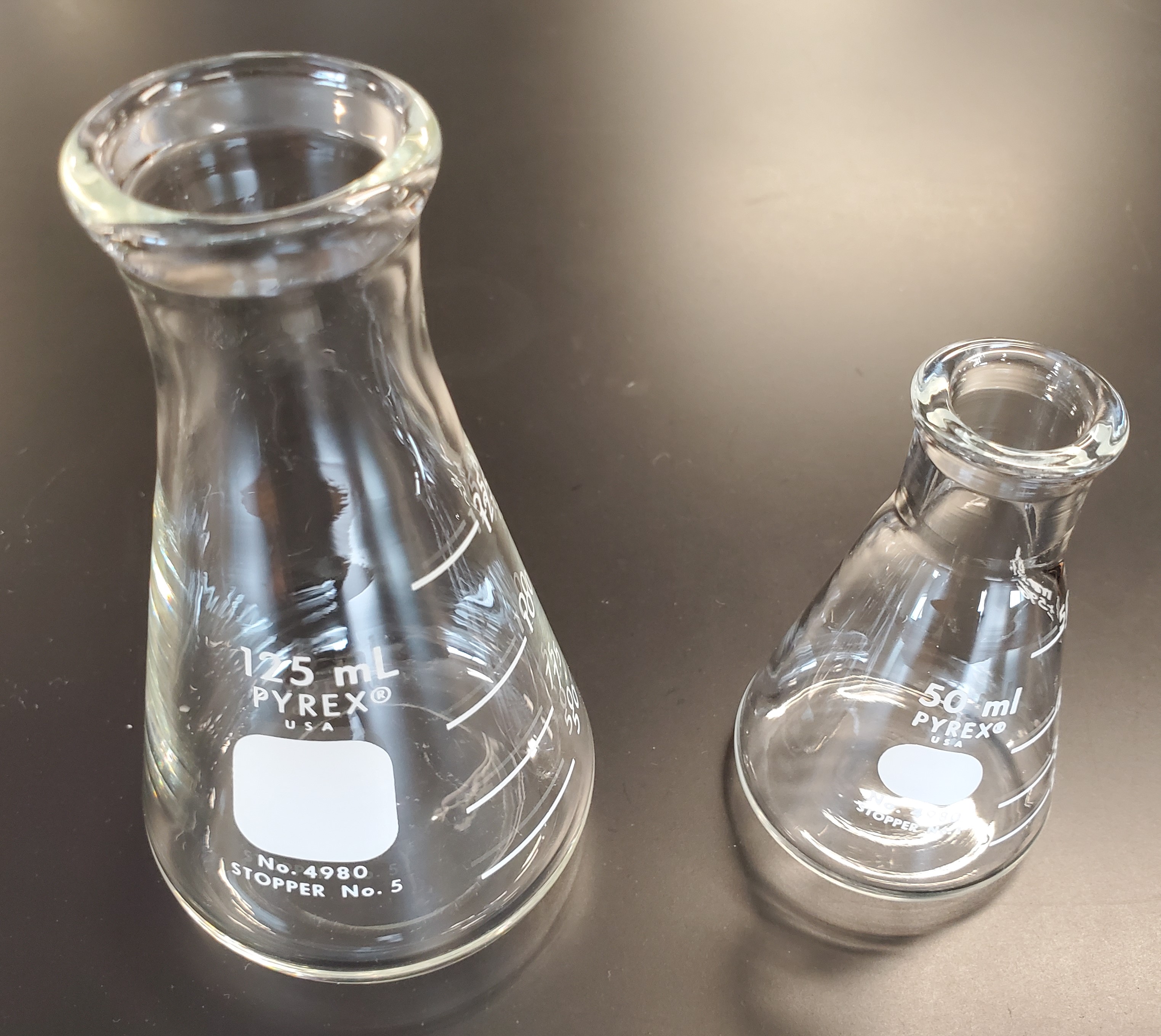 Picture of a 125 mL and 50 mL Erlenmeyer flask