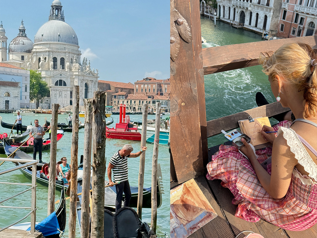 Collage showing gondolas on Venice’s Grand Canal near Santa Maria della Salute and an artist sketching beside the water.