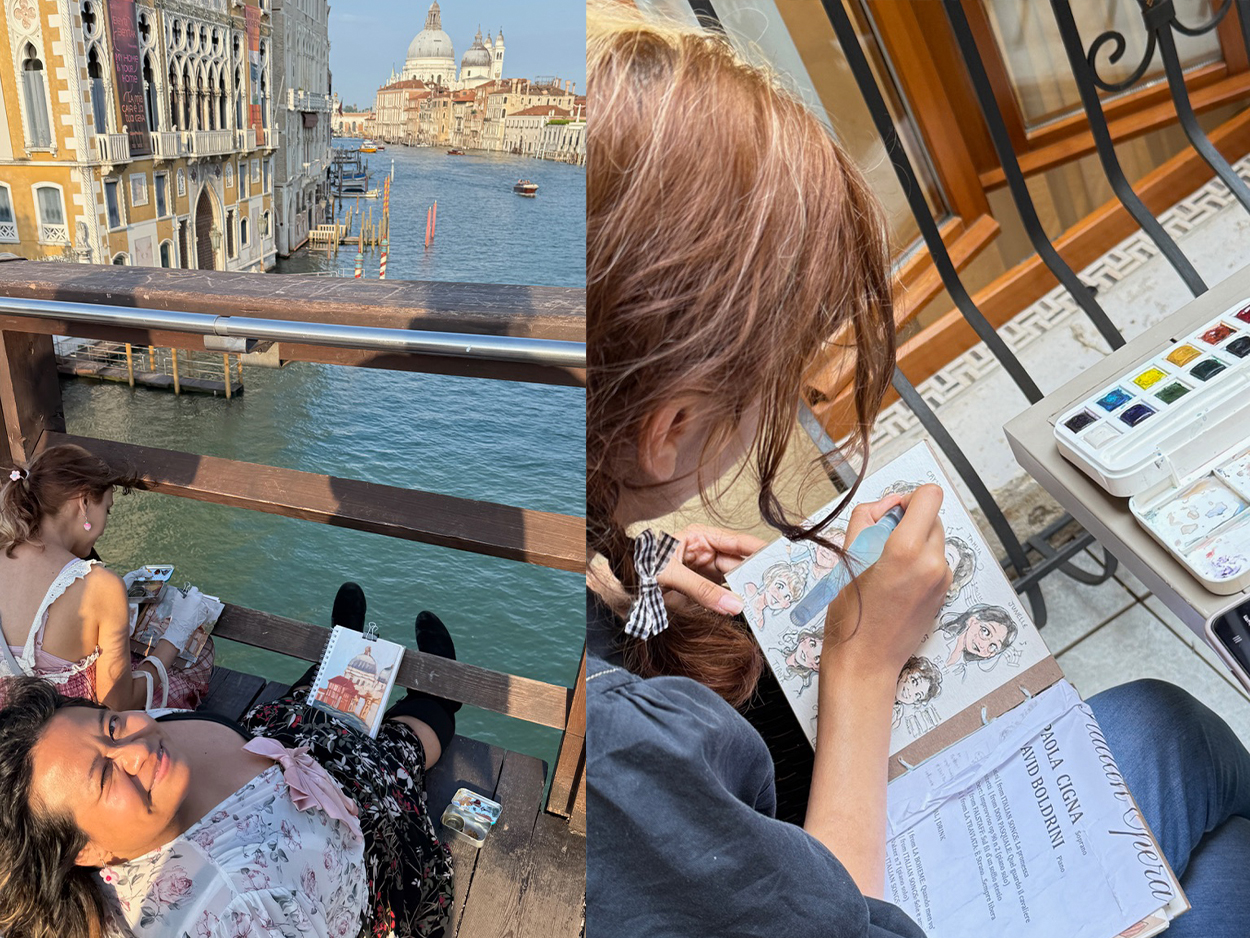 Collage of artists sketching and painting along Venice’s Grand Canal, with historic buildings and the domed Santa Maria della Salute in the background.