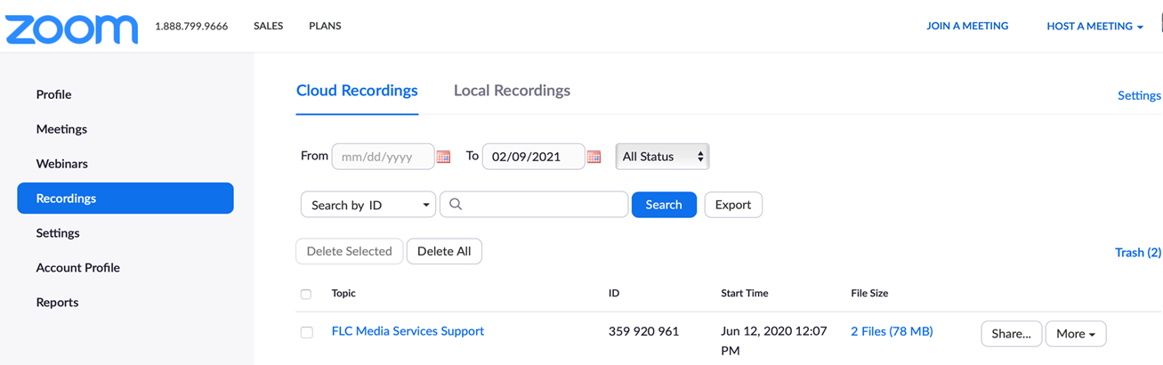 Login to your Zoom account from a web browser, and then click on “Recordings” on the left menu.  Here you will see a list of all your recordings with details for each. 