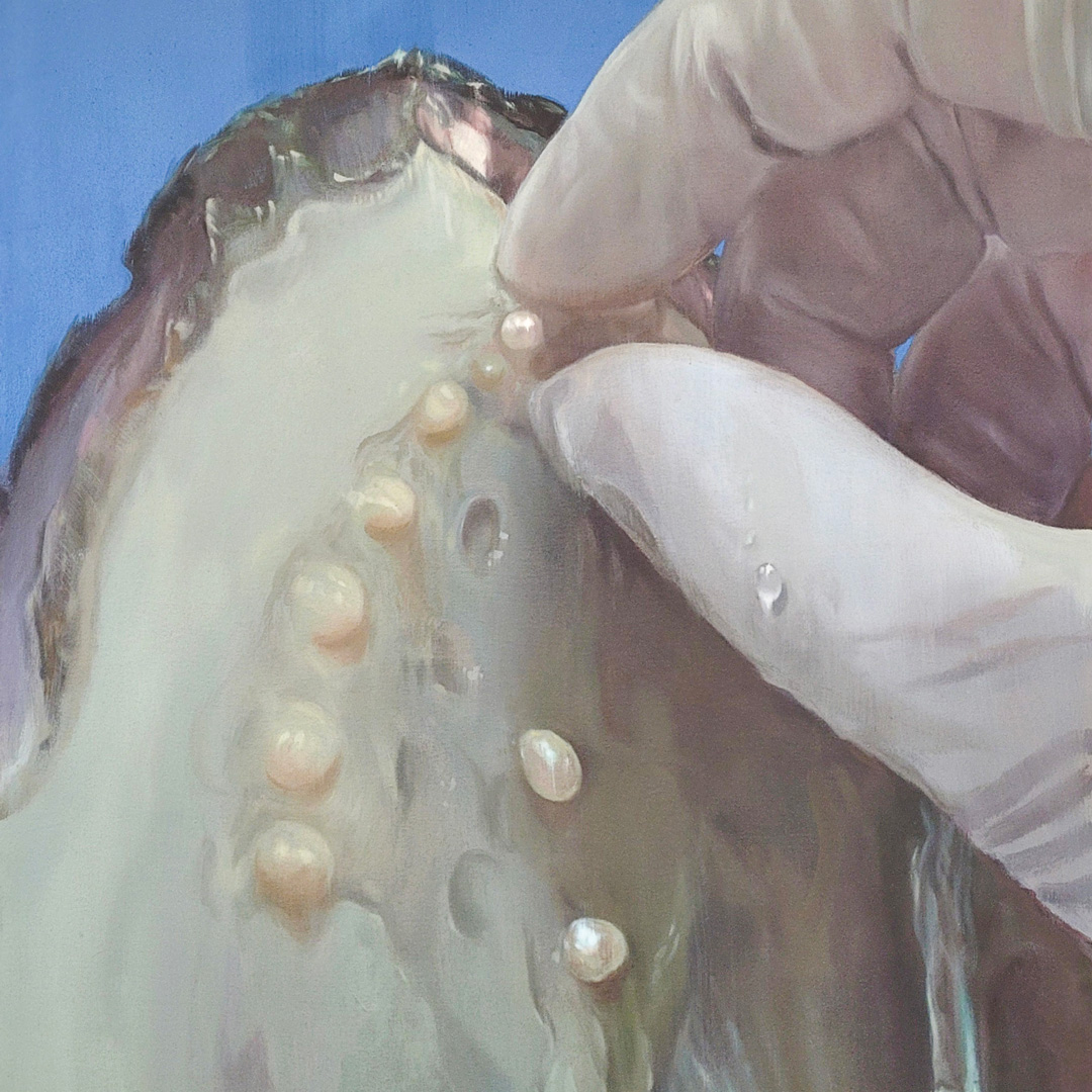 Painting of a gloved hand opening an oyster to reveal pearls embedded in its flesh.