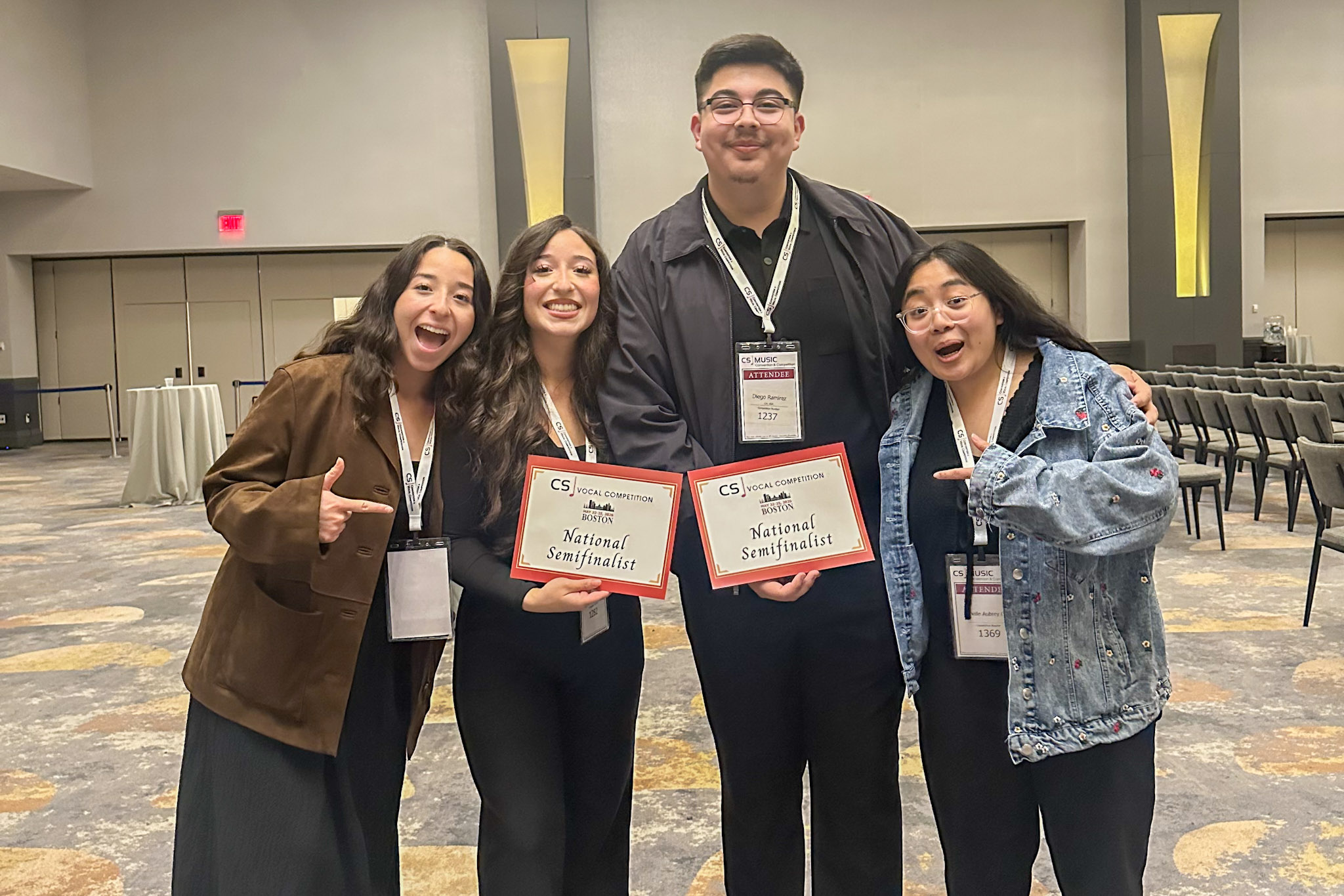 Hartnell College music students pose at the 2026 Classical Singer Convention and Competition in Boston. Tiana Magdaleno and Diego Ramirez display National Semifinalist certificates after advancing to the semifinal round in their respective categories.