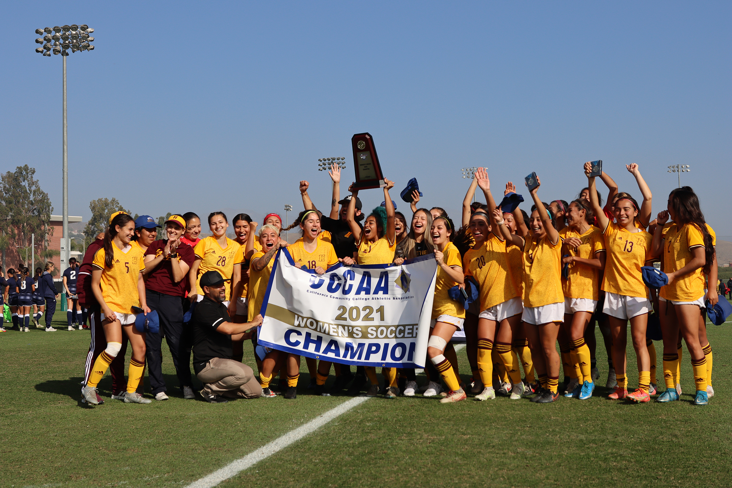 2021 CCCAA Women's Soccer State Champions Women's Soccer team celebrates winning state championship on Dec. 5, 2021