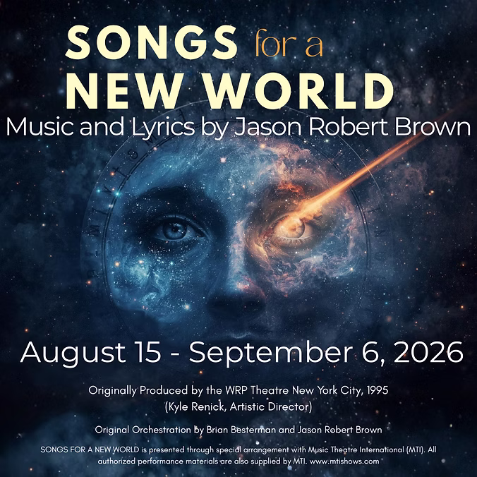 Poster for “Songs for a New World” with dramatic stage-style lighting and bold title text, set against a dark background with a theatrical, concert-inspired design.
