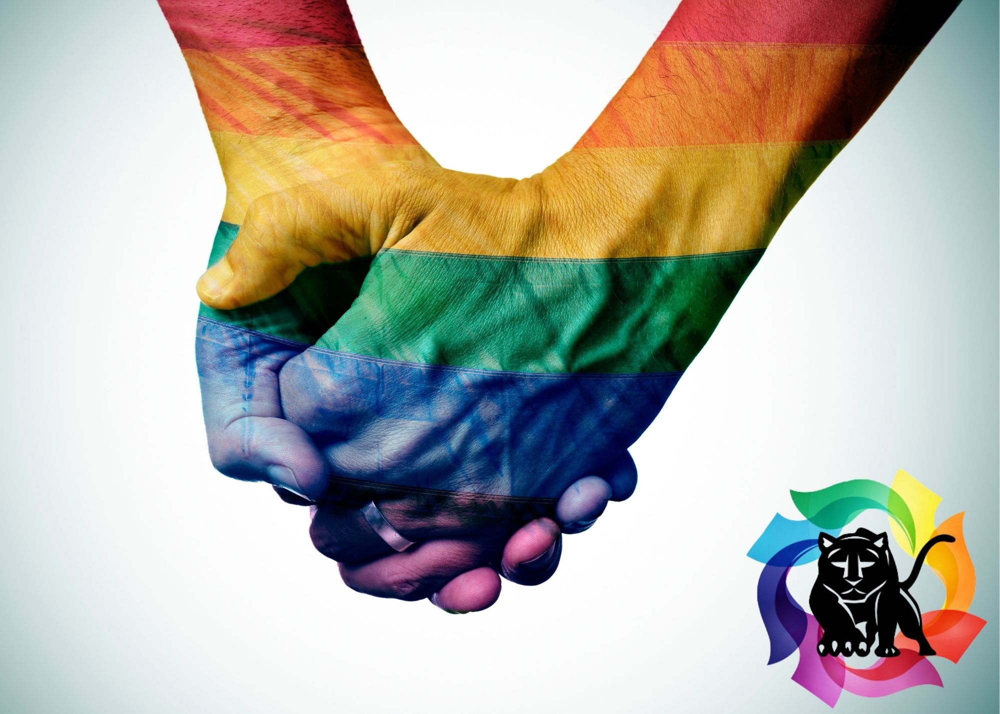 picture of hands and lgbtqia+ logo