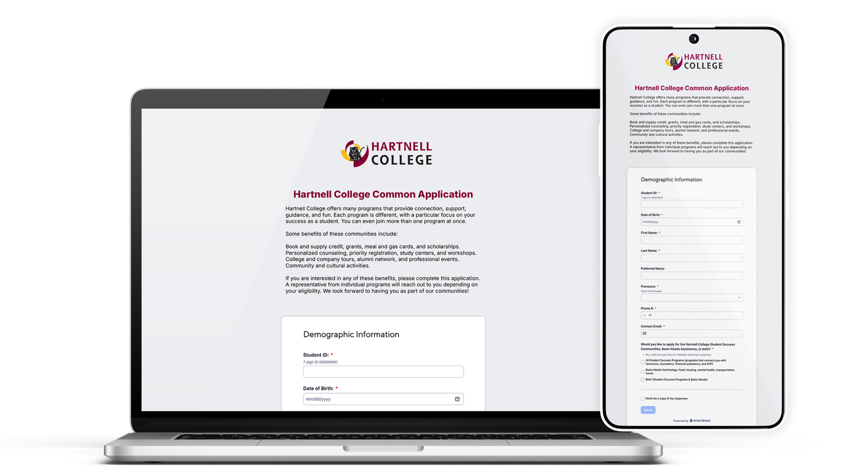 A promotional image showing the Hartnell College Common Application displayed on a laptop and a tablet against a black background. The screen features the Hartnell College logo and a “Hartnell College Common Application” form with demographic information fields such as Student ID, Date of Birth, name, pronouns, phone number, and contact email.
