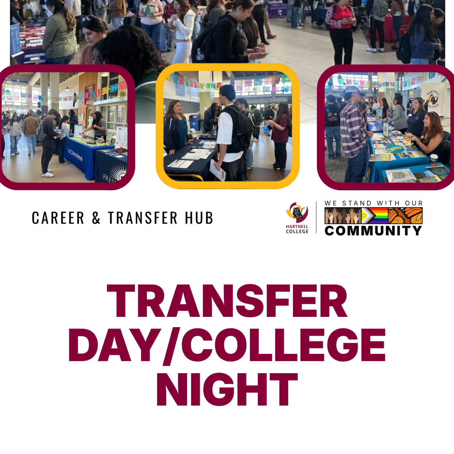 Hartnell College flyer for Transfer Day/College Night, with photos of students talking with representatives at college information tables in a hall decorated with papel picado banners.